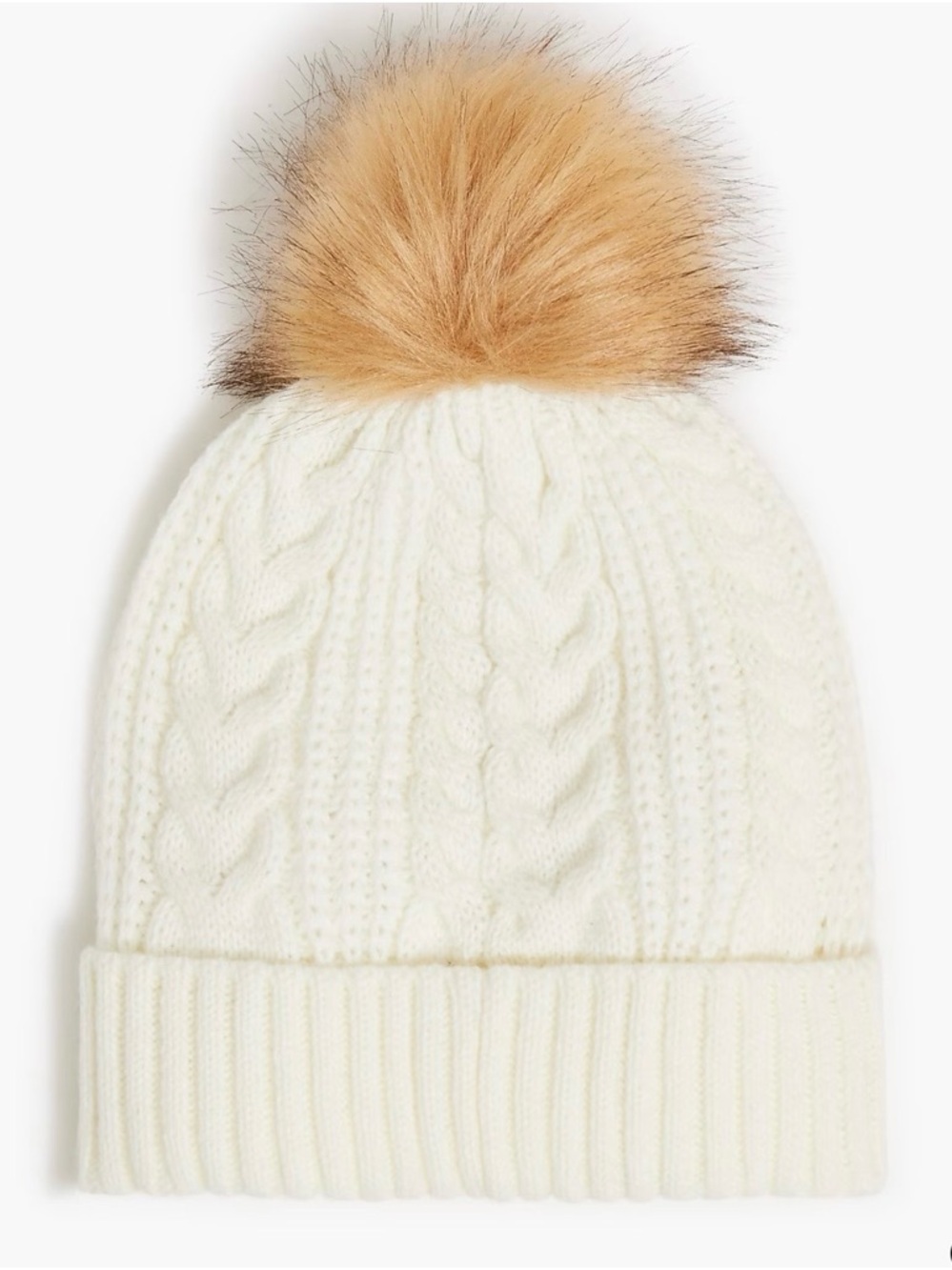 J. Crew Factory Ivory Cable Knit Beanie with Tan Pom